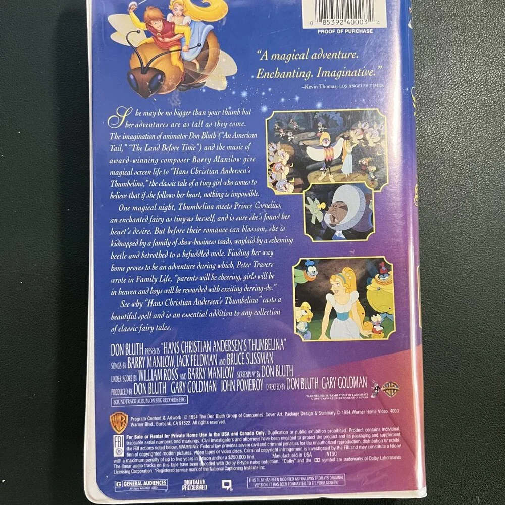 Thumbelina VHS – 1994 Don Bluth Film – Warner Bros – ISBN 0-7907-2220-8